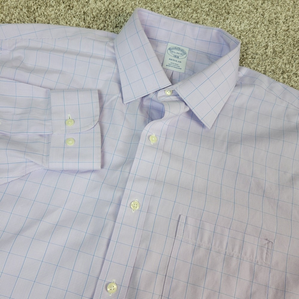 Brooks Brothers Regular Mens‎ 16.5-34/35 Purple Check Button Up Long Sleeve